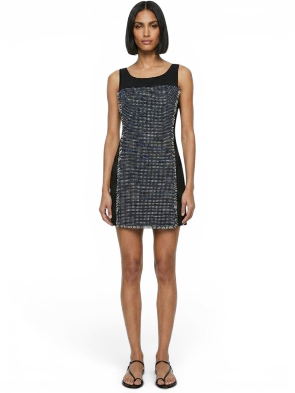 Jay Godfrey Black Blue Gold Metallic Tweed Fringe Panel Mini Shift Dress 2